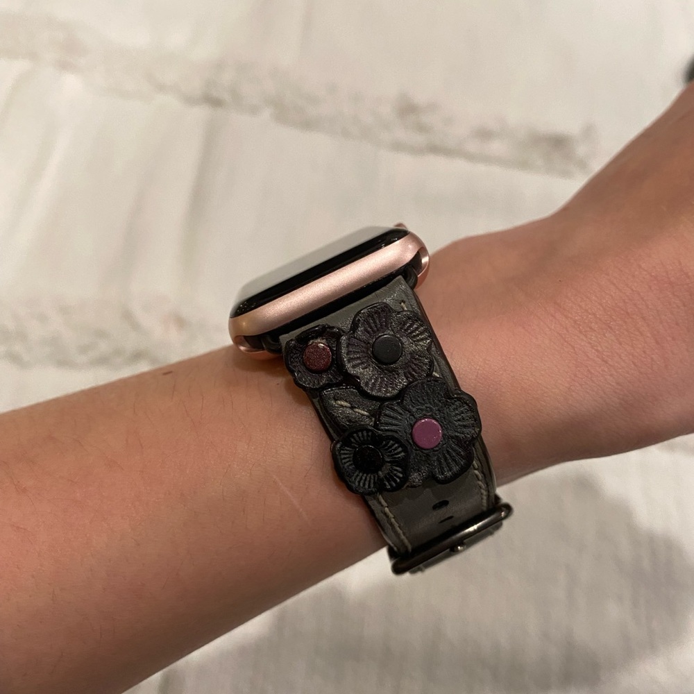 Genuine Coach leather Tea Rose Apple Watch Strap in grey with pink details